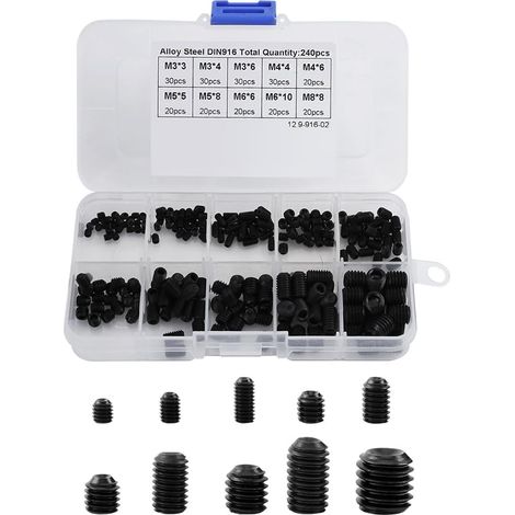 Paquet de 240 vis à métaux hexagonales M3-M8, noir, acier allié, avec écrous et inserts, assortiment complet (1/5)