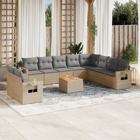 11-tlg. Garten-Sofagarnitur mit Kissen Beige Poly Rattan (1/5)