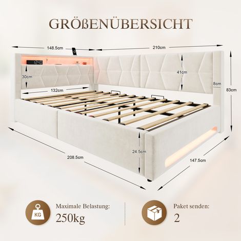Polsterbett 140x200 cm mit Stauraum, Samtbett mit LED-Beleuchtung an Kopf- und Fußteil, USB & Type-C, hydraulischem Bettkasten, Lattenrost, Jugendbett Einzelbett für Schlafzimmer, Beige (1/5)