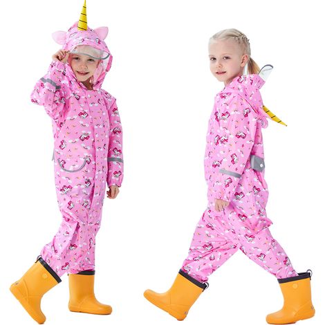 Imperméable respirant et imperméable pour enfants (filles et garçons) avec capuche, combinaison de pluie légère une pièce, poncho imperméable d'extérieur, veste imperméable 90-110 cm (1/5)