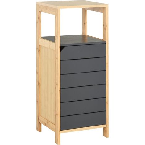Meubles de Salle de Bain sur Pied Armoire de Rangement Colonne Gain de place avec Porte et tiroir en Bois et Bambou 32L x 30l x 80H cm (1/5)