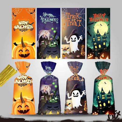 Packung mit 50 Zellophan-Süßigkeitentüten für Halloween, Süßigkeitentüten mit Drehverschluss (1/5)