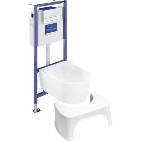 Pack inodoro suspendido sin reborde VILLEROY ET BOCH Avento + estructura de soporte ViConnect Pro + asiento con cierre suave + placa cromada + taburete blanco