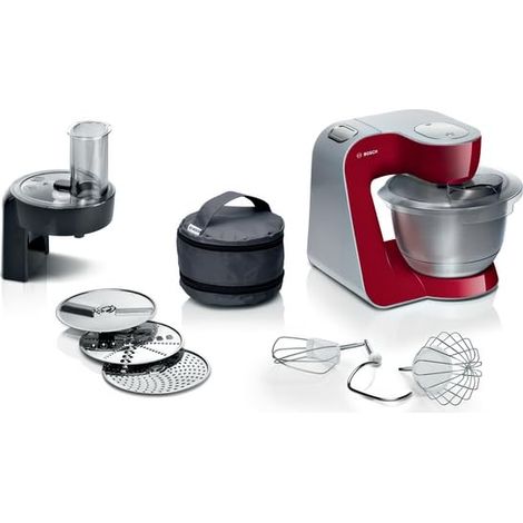 Bosch Serie 4 Planetaria MUM58710, 1000 W, Ciotola in Acciaio Inox da 3,9 L, 7 Livelli di Velocità, Fruste, Gancio e Dischi Vari Inclusi, Lavabili in Lavastoviglie, Rosso (1/5)