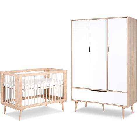 Lit bébé 60x120 et armoire 3 portes LittleSky by Klups Sofie Hêtre et Blanc (1/4)
