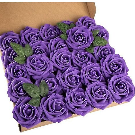 25 têtes de roses artificielles avec tige pour bouquets de mariage à faire soi-mêmeviolet (1/2)