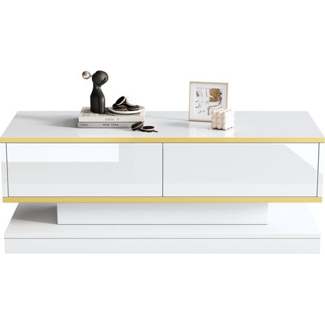 Table basse 100 x 50 x 38 cm haute brillance avec 2 grands tiroirs, design unique, blanc chaud avec bord doré, structure étroite au centre