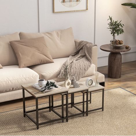 Mesas auxiliares nido de acero y tablero efecto madera natural, juego de 3, 45x45x44 cm (1/5)