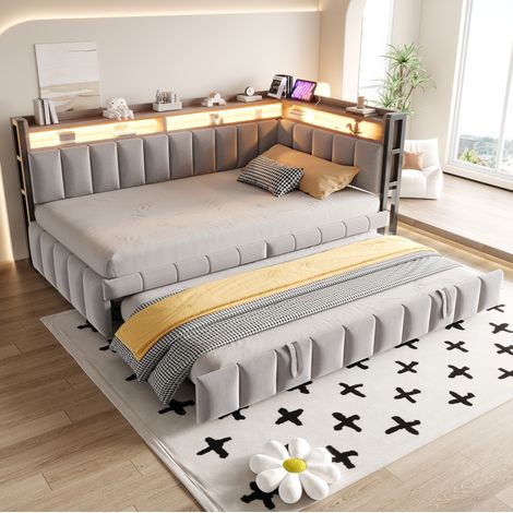 MODFU – Cama tipo banco nido 90x200 cm de terciopelo/MDF con compartimentos en cabecero y 20 lamas, LED, USB y Type-C – Gris claro (1/5)