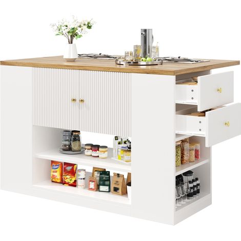 Îlot de cuisine blanc avec table rabattable, tiroirs et étagères, meuble multifonction avec coin repas, MDF et métal, 140 x 70 x 90 cm (1/5)