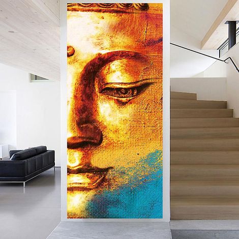 Sticker mural 3D visage de Bouddha avec effet trompe-l'œil - Décoration murale en PVC pour salon, cuisine, chambre, salle de bain (1/5)