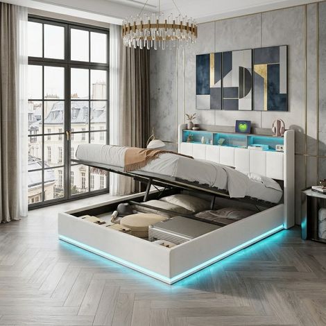 Lit coffre 160x200 cm, Lit double avec Lumière LED, USB et Type-C, Lit capitonné avec rangement, Tête de lit avec rangement, Lit Adulte, Flanelle, Blanc (160x200 cm) (1/5)
