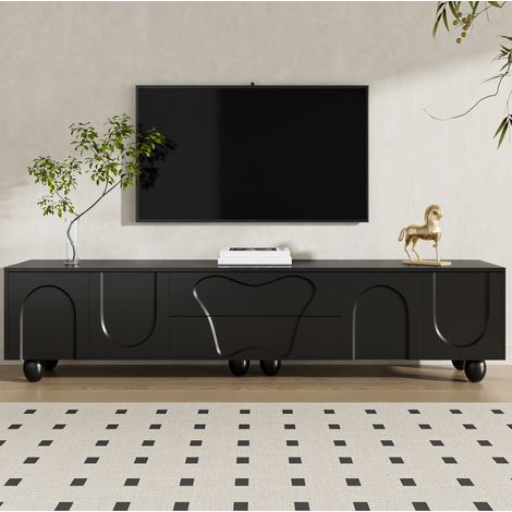 Mueble TV 180 cm negro mate con almacenaje, patas de madera, 2 cajones DESVIAE (1/5)
