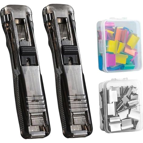 2 Pièces Clam Clip Dispenser, Distributeur de Pinces Réutilisable Portable, Agrafeuse à Pince Sans Agrafes, avec 100 Clips Métal Inox pour Documents, Bureau, École, Maison (A) (1/5)