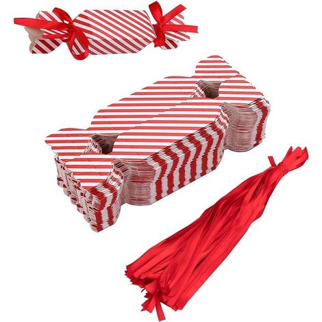 Boîtes à bonbons de Noël - 50 pièces - Sachets cadeaux - Rayures rouges et blanches - Avec nœud rouge - Idéal pour les fêtes, Noël, les anniversaires et autres occasions spéciales - 8 x 4 x 4 cm (1/5)