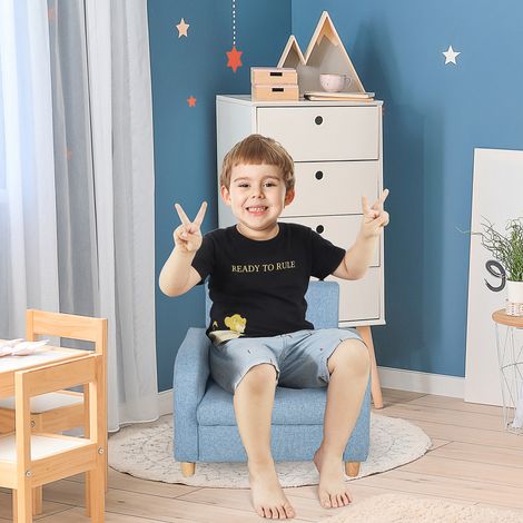 Poltrona/divano per bambini con effetto lino, gambe in legno massello, cuscino in schiuma, sedia per cameretta/sala giochi, 49 x 45 x 44 cm, per bambini dai 3 ai 5 anni, blu (1/5)
