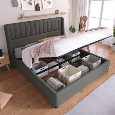 Lit double hydraulique 160x200cm, grille en bois, lit avec grille en cadre métallique, lin, gris (1/5)