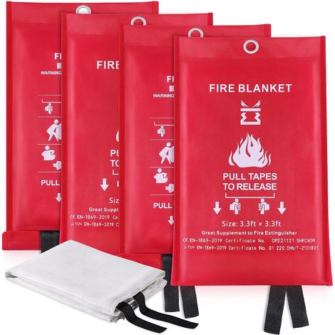 Feuerlöschdecken 1 m x 1 m (4 Decken) - Geeignet für den Küchengebrauch - Notfall-Feuerlöschdecke aus Fiberglas - Ideal für Öfen, Garagen, Büros, Camping, Wohnwagen und Grills (1/5)