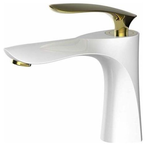 Robinet de lavabo de salle de bain au fini blanc Mitigeur chromé doré Lavabo à montage sur pont à Robinet en laiton à double finition (avec tuyau) (1/4)