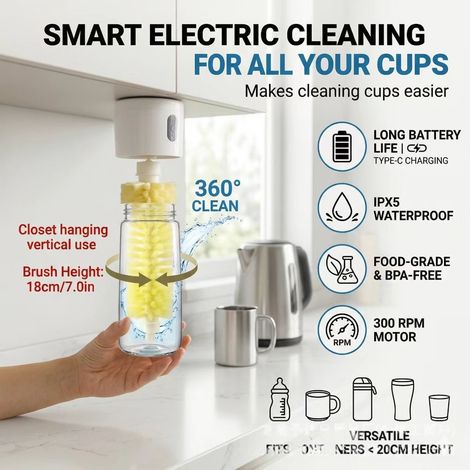 Brosse électrique nettoyage verres et biberons, fixation murale ou table, recharge Type‑C, IPX5 étanche, brosse PVC alimentaire sans BPA (1/5)