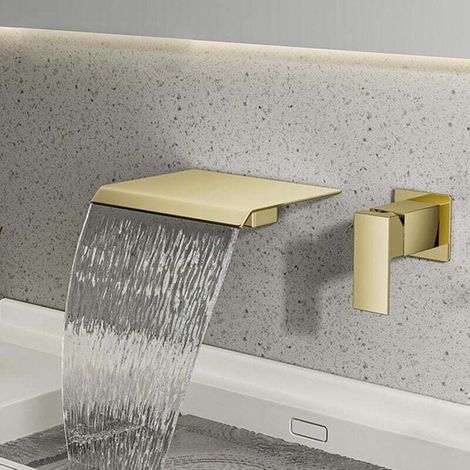 Robinet de salle de bain mural cascade, mitigeur cascade à poignée unique, robinet de lavabo à poser, eau chaude et froide, ultra fin, cuivre massif, or brossé (1/4)