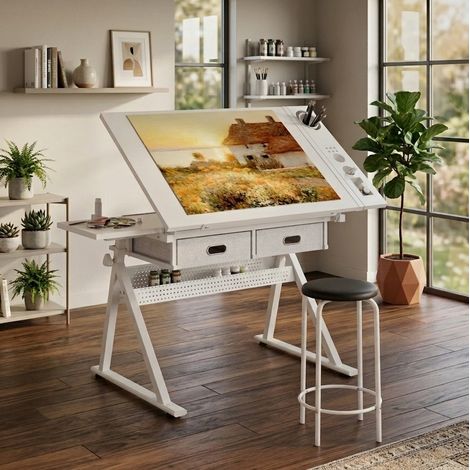 Mesa de dibujo regulable 98x60x68-91 cm en MDF y metal blanca con taburete – MEUBLIV (1/5)
