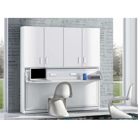 Les Tendances – Lit escamotable 140x190 cm – Blanc satiné – Avec étagères et bureau – Système de guides métalliques cachés – Garantie 10 ans (1/5)