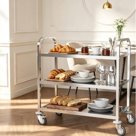 Carrello di servizio a 3 ripiani con ruote in acciaio cromato 90,5 x 50,5 x 88,2 cm OKMYHOME (1/5)
