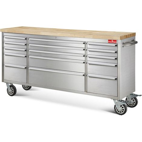 Crytec 72" Tool Cabinet Stainless Steel 15 Drawers Wooden Top (1/3)