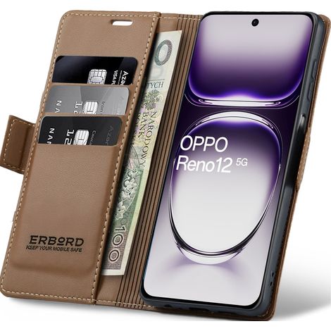 Étui pour Oppo Reno 12, Litchi brillant, Étui portefeuille à rabat, Marron (1/5)
