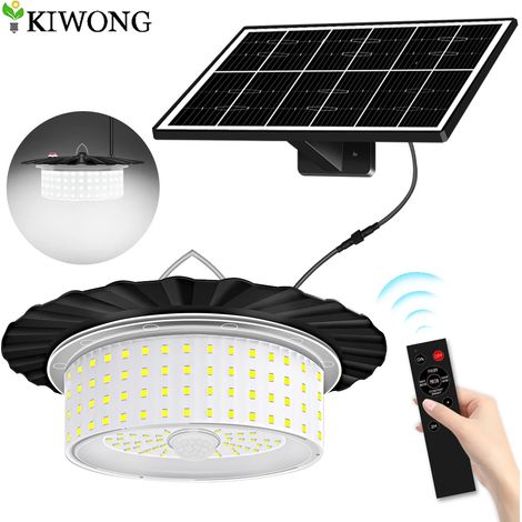 Lampe solaire suspendue à 244 LED pour abri de jardin ou grange, 5 modes d'éclairage, détecteur de mouvement et télécommande, étanchéité IP65. (1/5)