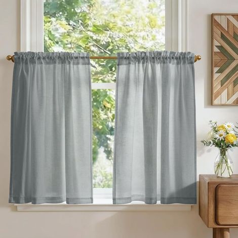 2 Panneaux Rideau Cuisine, Gris Clair, 65x90cm, Passe Tringle, Pour Fenêtre Placard
