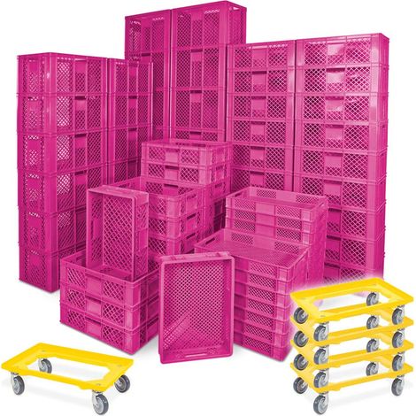 BRB 78 Stück Stapelkörbe/Bäckerkästen in 5 Größen, Grundmaß LxB 600x400 mm, H 90 mm, 150 mm, 240 mm, 320 mm, 410 mm, + 5x Transportroller gelb (pink)
