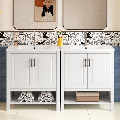 Meuble de salle de bain sur pied 76.5x47x83 cm avec vasque céramique intégrée placard double porte mdf laqué et étagère de rangement ouverte style moderne - blanc (1/5)