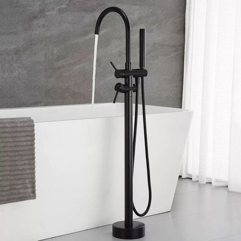 Zamery – Mitigeur de baignoire autoportant noir – Laiton massif avec finition galvanoplastie – Douchette rotative 360° – Tuyau inox 1,5m