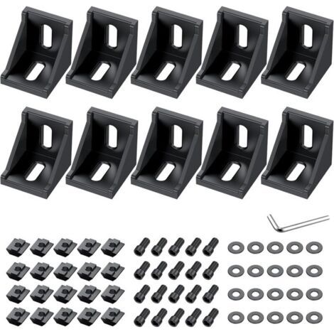 10 PCS d'angle en alliage d'aluminium noir, équerres d'angle à 90 degrés pour profilés 4040 4080, avec écrous en T, vis, rondelles et clé, pour le montage de structures industrielles