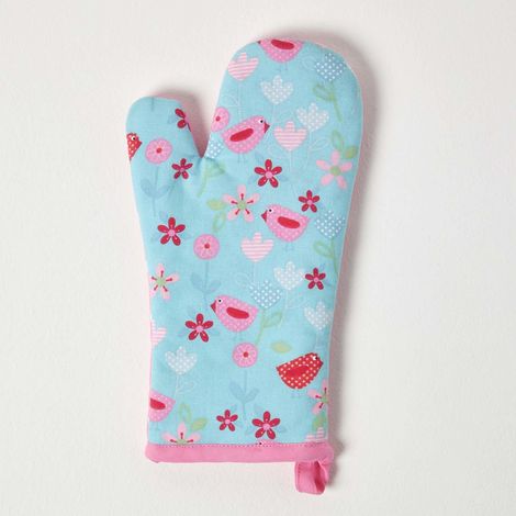 HOMESCAPES Birds and Flowers Pink Cotton Oven Glove (1/5)