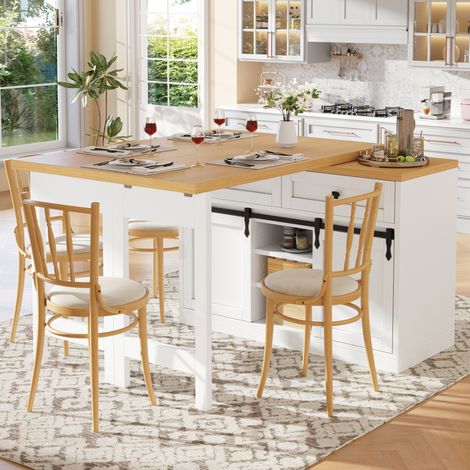 Îlot de cuisine pivotant 197x40x72 cm en MDF et métal blanc, avec rangement gain de place FloraGrace (1/5)