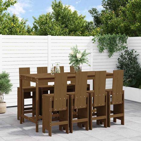 Ensemble de bar de jardin 9 pièces en pin massif marron miel avec table et 8 tabourets - PANGIVO (1/5)