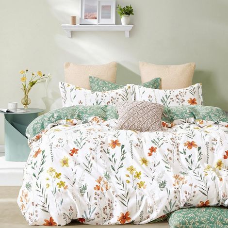 Housse de Couette 140x200cm Vert Blanc Feuilles Floral Fleurs Ado Adultes Parure de Lit 1 Personne avec Fermeture Éclair Housse Couette en Microfibre avec 1 Taie d'oreiller 65x65 cm (1/5)