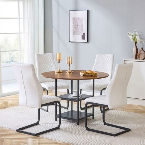 Table et Chaises de Salle à Manger 107 cm 4 Chaises table ronde double niveau de rangement MDF métal blanc motif losange (1/5)
