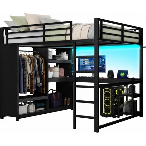 Lit mezzanine 160x200 en métal noir avec bureau, LED, dressing ouvert et étagères de rangement, gain de place pour chambre ado ou gamer  CHICFURN (1/5)
