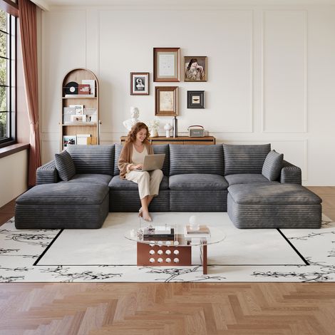 Canapé Cloud de 340 cm en velours côtelé, structure à double couche, housse amovible, livré monté – idéal pour salon, chambre, salle de conférence et appartement, coloris gris foncé. (1/5)
