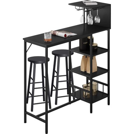 WOLTU Bartisch mit Barhocker Set, 2 Personen Bartisch Set mit Halterungen für Weingläser und Flaschen, Küchentheke für Wohnzimmer, Esszimmer, Küche, Schwarz