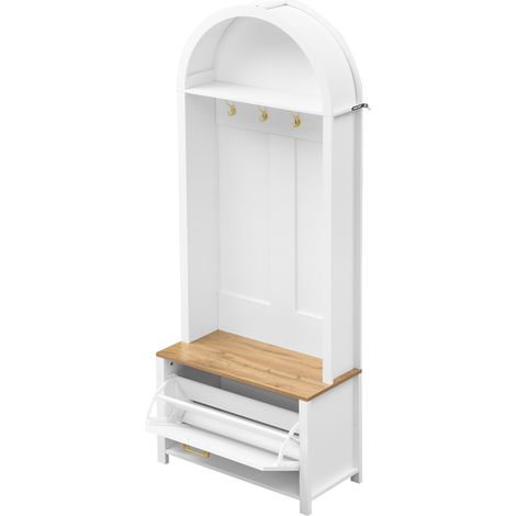 Appendiabiti da ingresso con scarpiera e ripiano, MDF, 75 x 35 x 195 cm, bianco e legno (1/4)