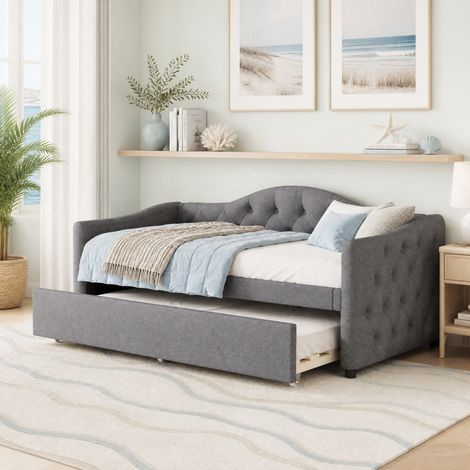 Lit banquette 90x200 cm avec lit gigogne en lin et MDF gris, sans matelas (1/5)