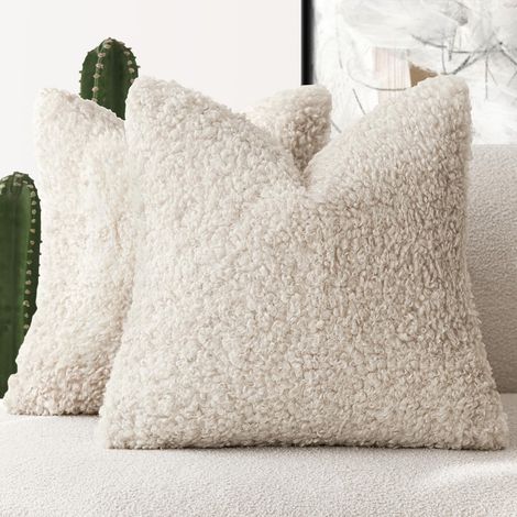 Lot de 2 Housses de Coussin décoratives en Fausse Fourrure de Mouton pour lit, canapé, Salon, 50,8 x 50,8 cm, crème Neutre (1/5)