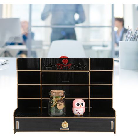 Boîte de rangement en bois, porte-stylo de bureau innovant, organisateur de papeterie, noir (1/5)