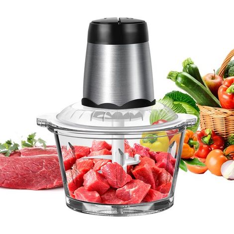 Robot culinaire - Hachoir à viande - Hachoir électrique - Coupe-légumes - Bol en verre 2 L - Double lame en acier inoxydable - 2 vitesses - Petit hachoir - Mixeur pour viande, légumes, fruits, noix - 