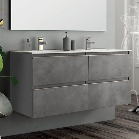 Meuble de salle de bain 140cm double vasque - 4 tiroirs - sans miroir - ciment (gris) - BALEA (1/3)